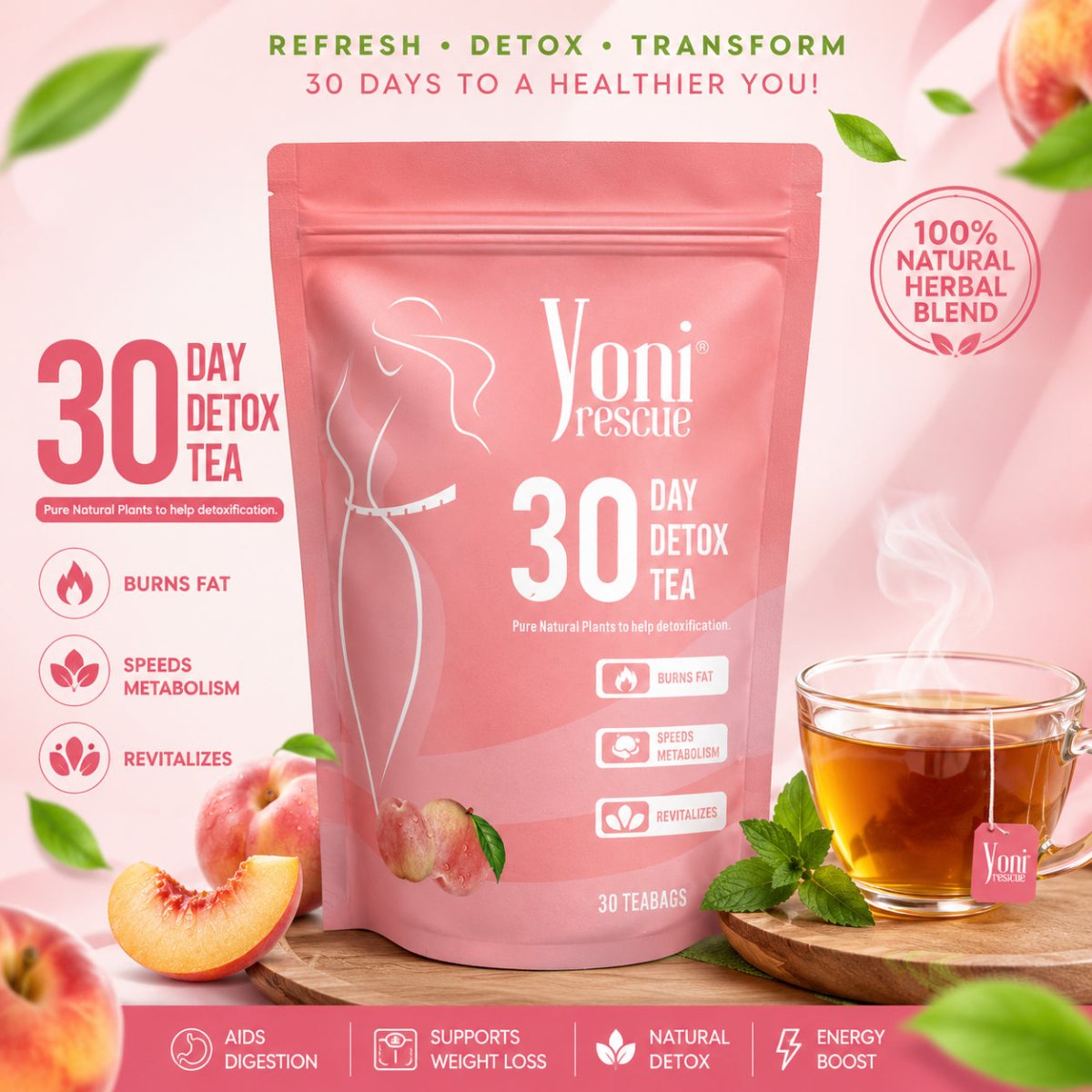 30 Day Detox Tea Bundle, Peach Flavor - Women Health - Yoni Rescue