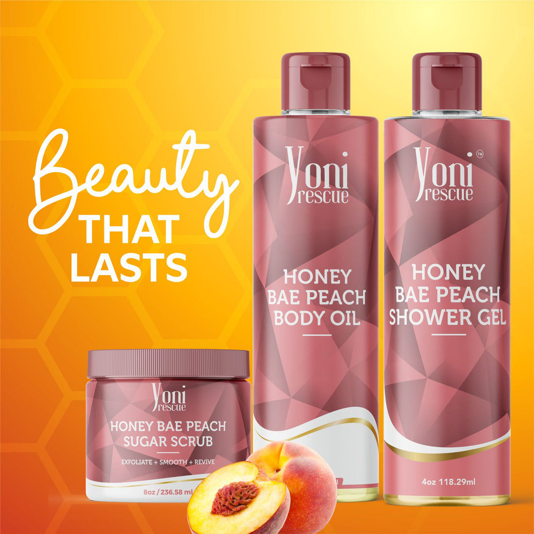 Honey Bae Peach Trio Bundle - Shower Gel + Body Oil + Sugar Scrub