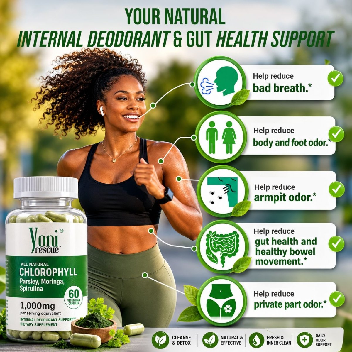 Chlorophyll Capsules 1000 mg - Natural Chlorophyll Pills for Women & Men - Highly BioAvailable Chlorophyll Supplement for Energy, Immunity, Skin + Internal Deodorant, 60 capsules - Women Health - Yoni Rescue