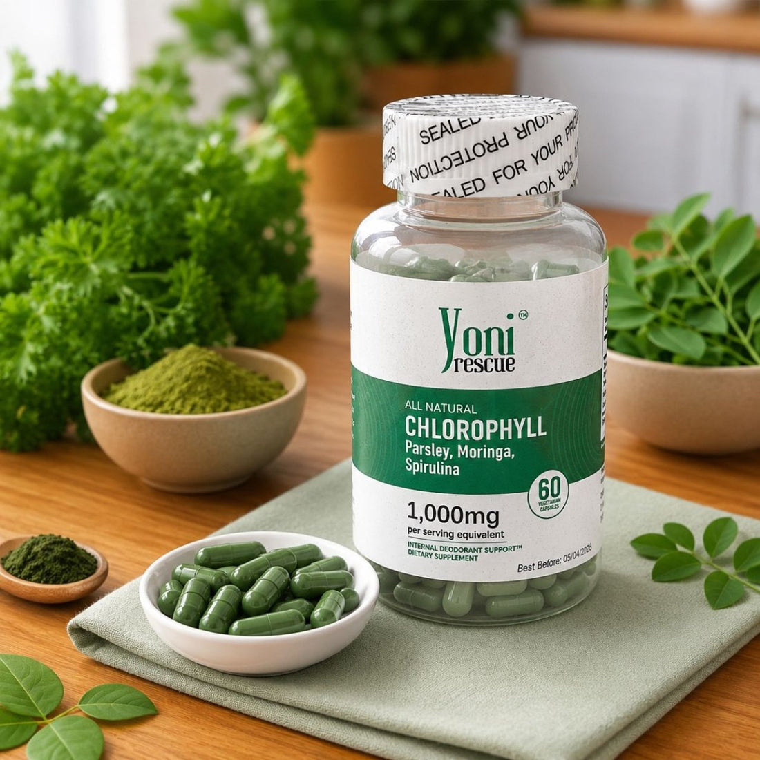 Chlorophyll Capsules 1000 mg - Natural Chlorophyll Pills for Women & Men - Highly BioAvailable Chlorophyll Supplement for Energy, Immunity, Skin + Internal Deodorant, 60 capsules - Women Health - Yoni Rescue