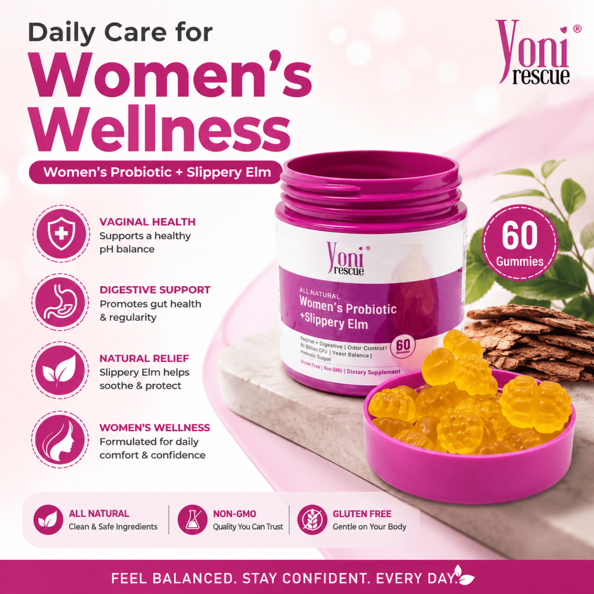 Feminine Probiotics Gummies with Slippery Elm for Women's pH Balance, Healthy Odor, Flora and Immune Support – 60 gummies - Women Health - Yoni Rescue