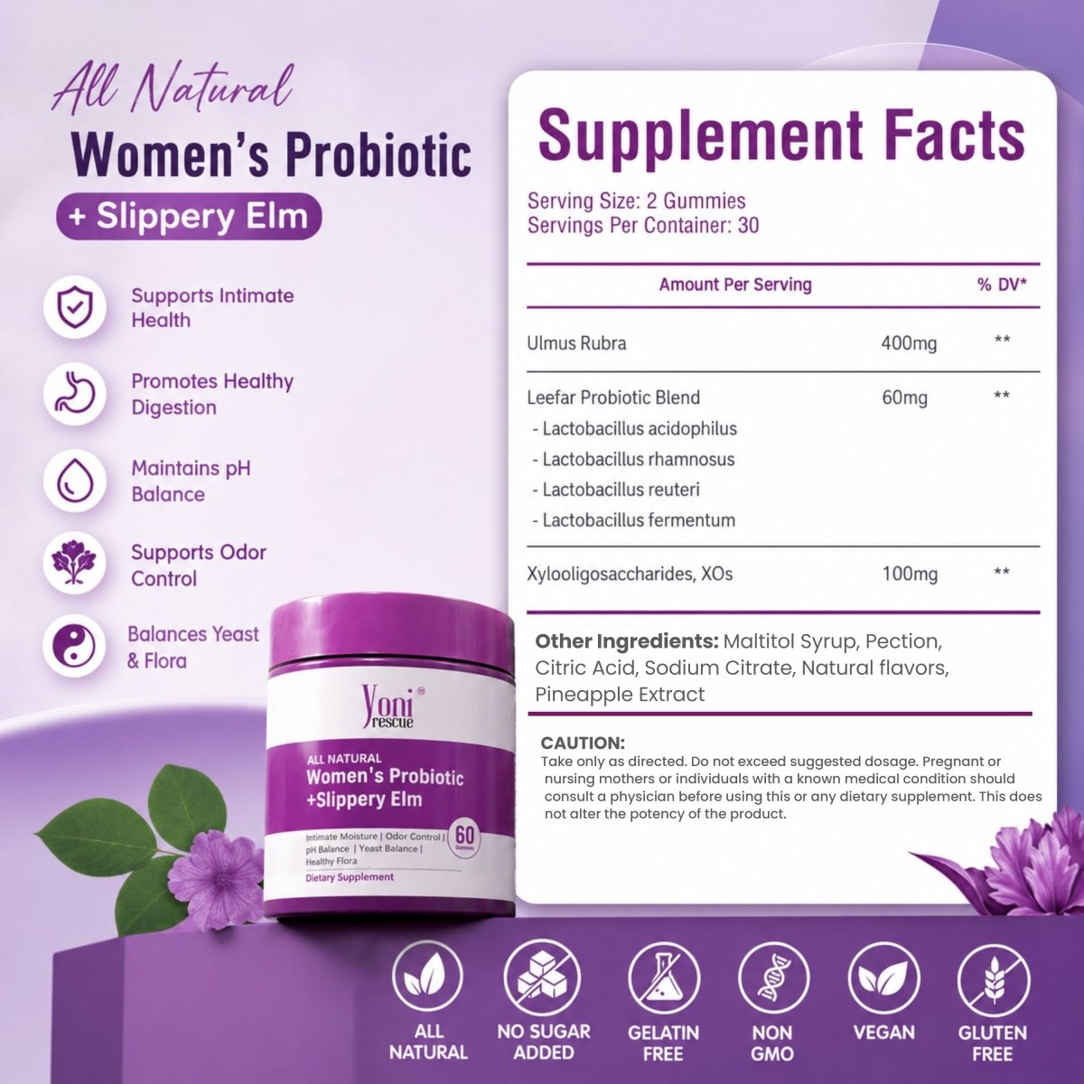 Feminine Probiotics Gummies with Slippery Elm for Women's pH Balance, Healthy Odor, Flora and Immune Support – 60 gummies - Women Health - Yoni Rescue