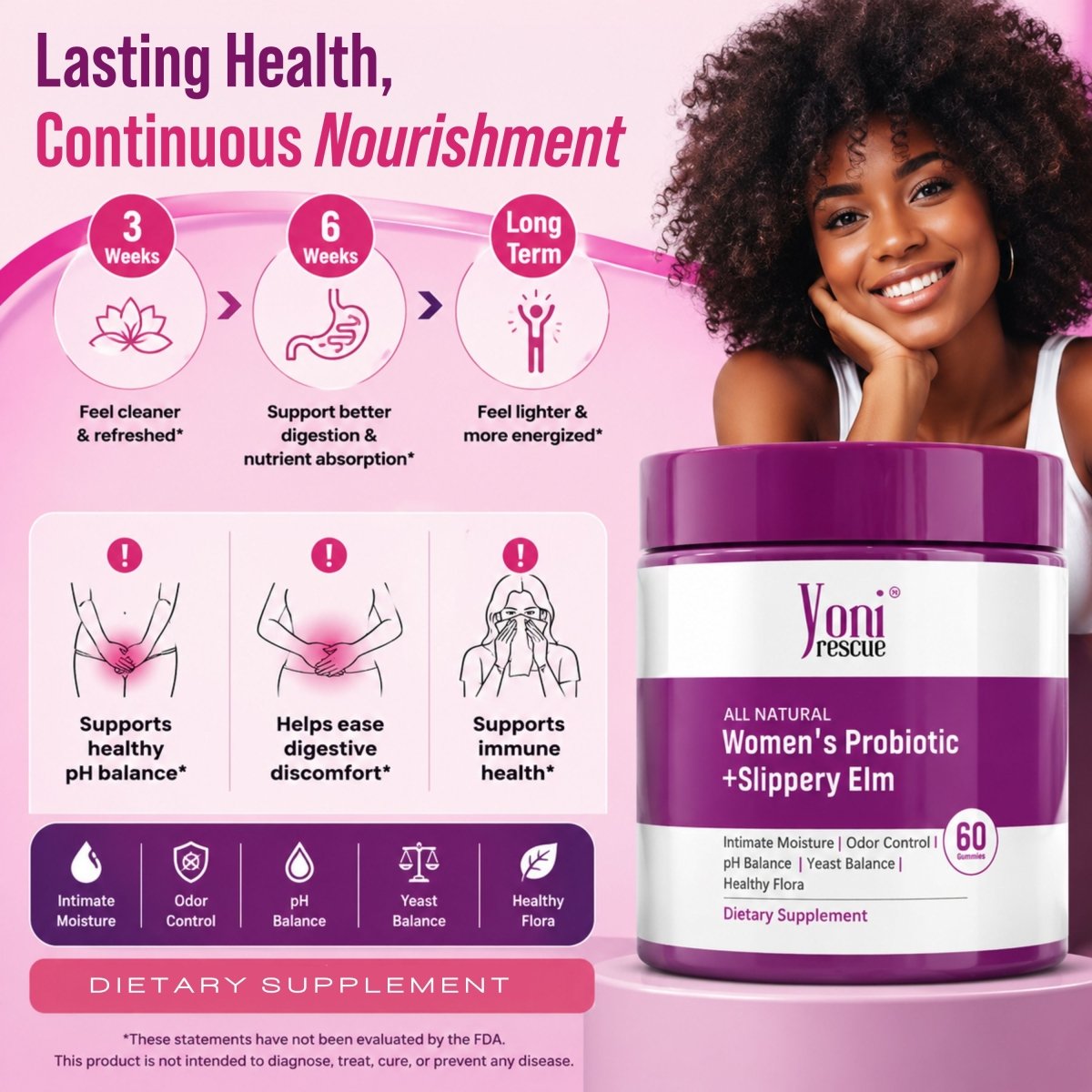 Feminine Probiotics Gummies with Slippery Elm for Women's pH Balance, Healthy Odor, Flora and Immune Support – 60 gummies - Women Health - Yoni Rescue