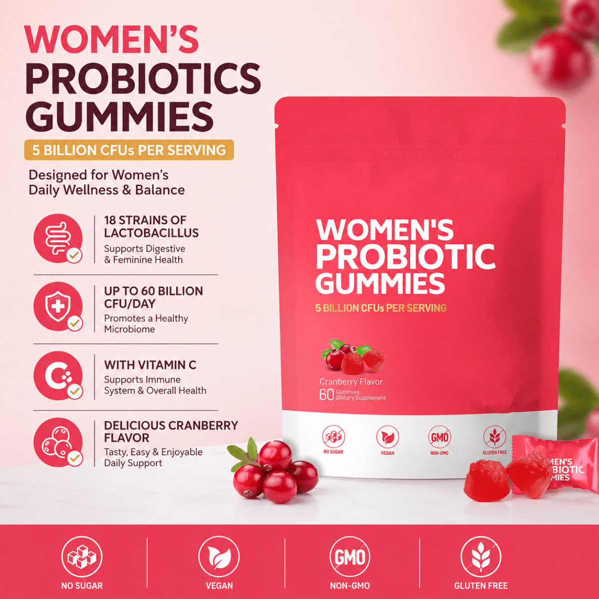 Women Probiotic Gummies, Feminine Balance Gummies, Prebiotic Gummy, Cranberry Probiotics for Woman, Vaginal Health, Yeast Ph Balance| 60 Gummies - Women Health - Yoni Rescue
