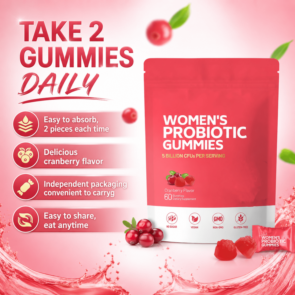 Women Probiotic Gummies, Feminine Balance Gummies, Prebiotic Gummy, Cranberry Probiotics for Woman, Vaginal Health, Yeast Ph Balance| 60 Gummies - Women Health - Yoni Rescue